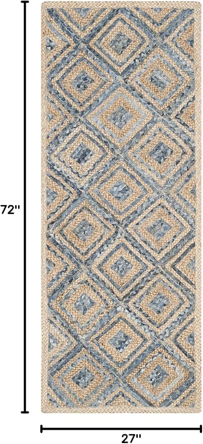 SAFAVIEH Cape Cod Collection Runner Rug - 2'3" x 6', Natural & Blue, Handmade Flat Weave Diamond Braided Jute & Denim, Ideal for High Traffic Areas in Living Room, Bedroom (CAP354A)