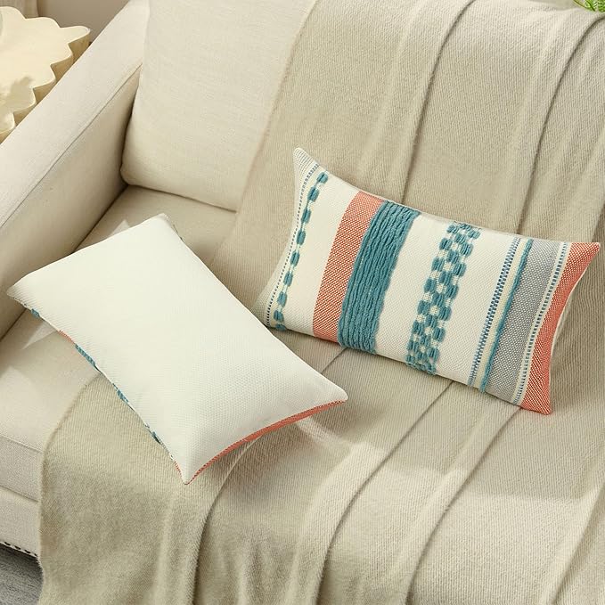 FUTEI Teal Decorative Throw Pillow Covers 12x20 Inch Set of 2, Soft Tufted Striped Textured Accent Pillow Case,Boho Pillows for Couch Decor
