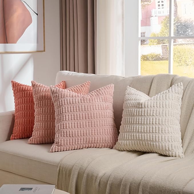 Fancy Homi 4 Packs Boho Blush Pink Big Decorative Throw Pillow Covers 24x24 Inch for Living Room Couch, Soft Plush Striped Corduroy Square Light Pink Coral Peach Cream Colorful Cushion Case 60x60 cm