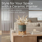 Dotted Decorative Planter Pot with Wood Stand – Ceramic Stoneware Outdoor & Indoor Plant Pot with Drainage Holes – Modern Garden & Home Decor Ceramic Planters & Bamboo Wood – 8", Sage Green