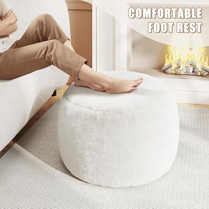 Round Stuffed Pouf Ottoman for Foot Rest, A Round Modern Foam Filled Poufs, Floor Chair for Living Room, Nursery, Dorm, A Soft Modern Foot Stool Perfect to Rest Your Feet (White, 20Inch)