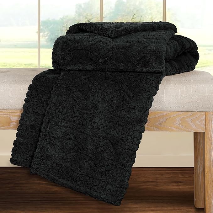 Superior Fleece Boho Jacquard Blanket, Decorative Blankets for Bedroom, Sofa, Fuzzy, Plush, Fluffy, Soft, Cute Room Decor, Beautiful Cover, Comfort Essentials, Arctic Collection, King, Black