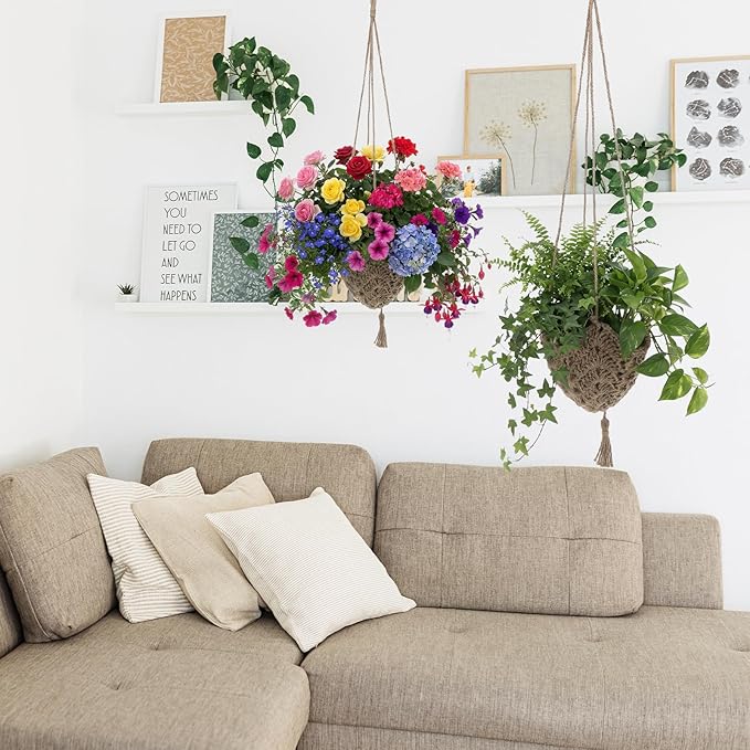 4 Pack Jute Crochet Long Plant Hanger for 3 Inch to 12 Inch Pots, Macrame Plant Hanger Macrame Plant Holder Rope with S Shaped Hooks for Indoor Outdoor Home Decor (Brown)