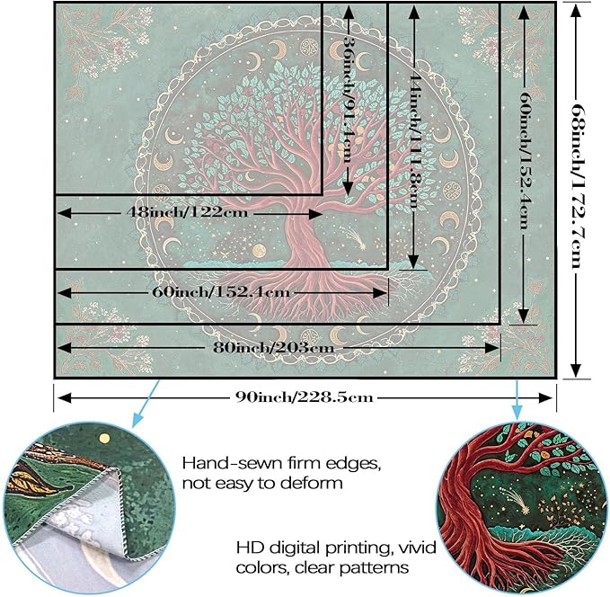 Accnicc Tree of Life Tapestry Green Nature Floral Plant Moon Phase Tapestries for Bedroom Aesthetic Hippie Boho Mandala Celestial Large Tapestry Wall Hanging for Dorm Living Room Decor 80 x 60 Inch