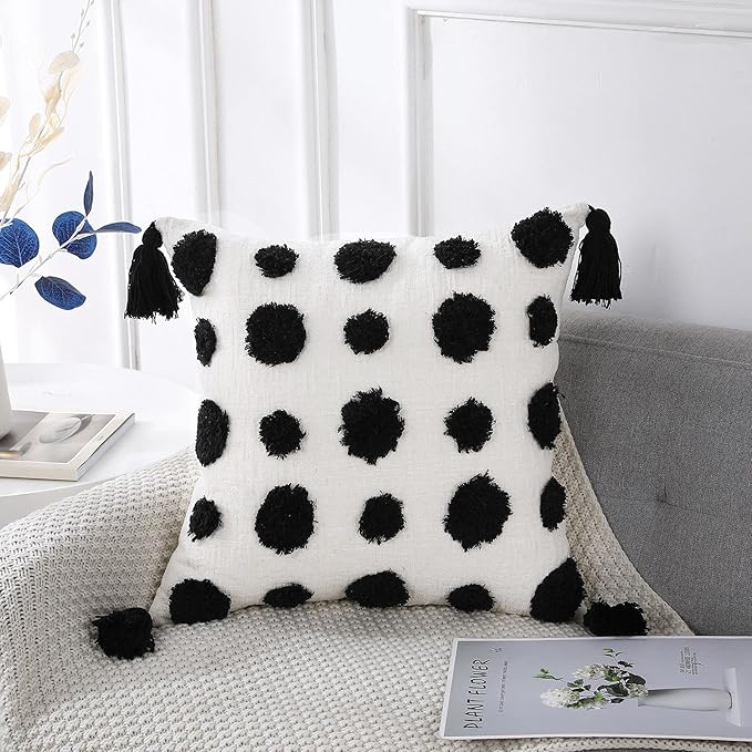PANOD Super Soft Farmhouse Decorative Plush Throw Pillow Covers 20 x 20 Black,Solid Pom pom Tufted with Tassels Modern Accent Boho Square Cushion Cover Pillow Case for Couch Sofa