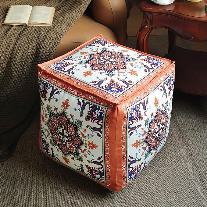Unstuffed Pouf Cover Ottoman Footrest Bohemian Chenille Foot Stool Floor Bean Bag 18x18x18 Inches for Living Room Bedroom Home Decor (Orange, Cube)