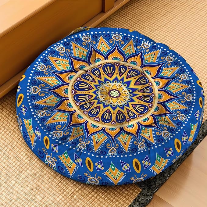 Mandala Meditation Cushion, Boho Meditation Mat, Meditation Pillows for Sitting on Floor, Cushions for Sitting in Home and Outdoor, Round Floor Pillows Cushion Seating for Yoga Accessories 22'' X 22''