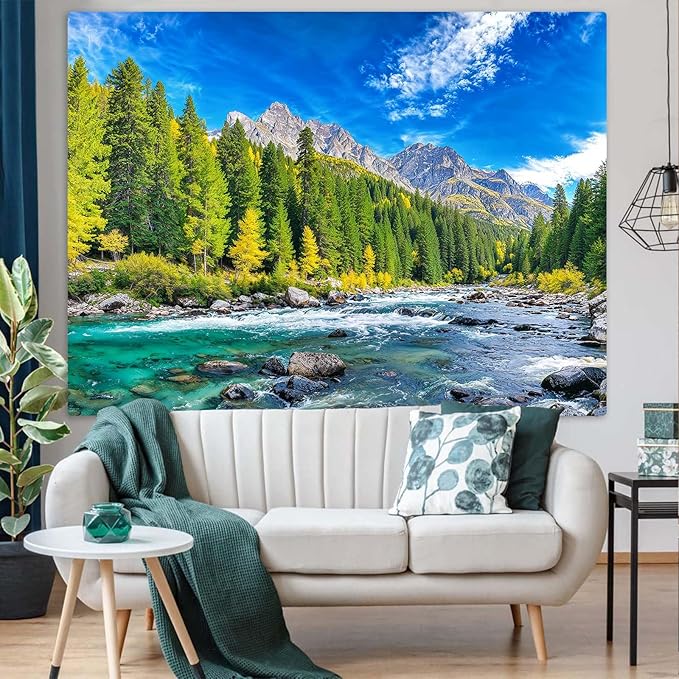 Accnicc Nature Forest Mountain Tapestry Green Pine Tree Wall Tapestry for Bedroom Aesthetic Woods Flowing River Landscape Small Tapestries Wall Hanging for Dorm Living Room Decor 48 x 36 Inch