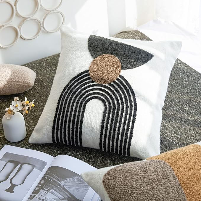 Boho Geo Accent Throw Pillow Covers Tribe Modern Round Arched Geometric Decorative Abstract Pillowcase for Bed Couch Living Room,1 Set of 18x18,Brown and Black