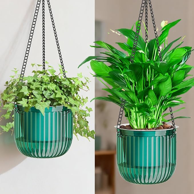 Halatool 2 Pack 6.5 Inch Self-Watering Hanging Planters for Plants, Indoor Hanging Flower Pots for Garden Home Wall Decor, Green