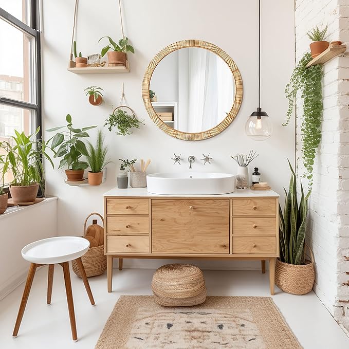 Barnyard Designs Rattan Bathroom Mirror – Rustic Farmhouse Style Handmade Wicker Rattan Frame - Boho Mirror for Nursery Wall Décor (25.5", Round)