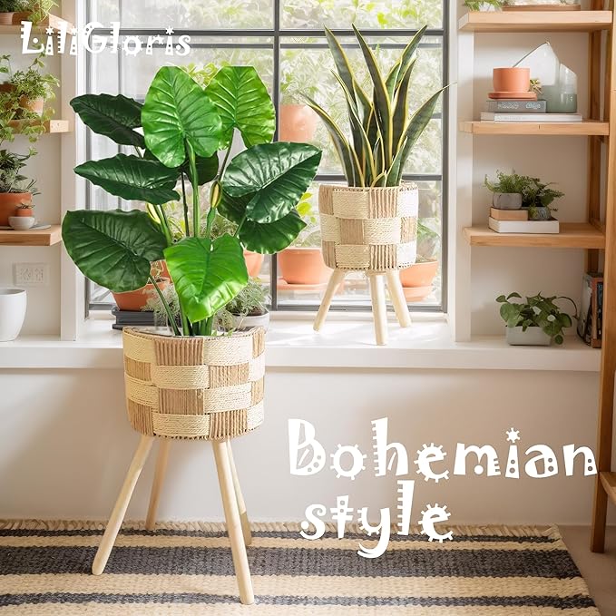 Boho Rattan Plant Stand Set of 2 – Handwoven Wicker Mid-Century Modern Floor Planter Stand for Indoor Plants, Large Farmhouse Decor, Sturdy Wood & Rope Design, Housewarming Gift