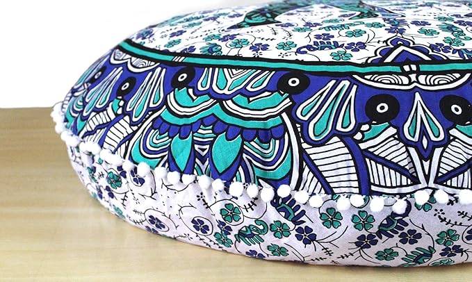 ICC 32 Inch Floor Pillows & Cushions Covers Decorative Hippie Mandala Pouf Pillow Covers Bohemian Seating Meditation Cushion Cover Large Boho Ottoman Case Pillowcase for Couch White Blue