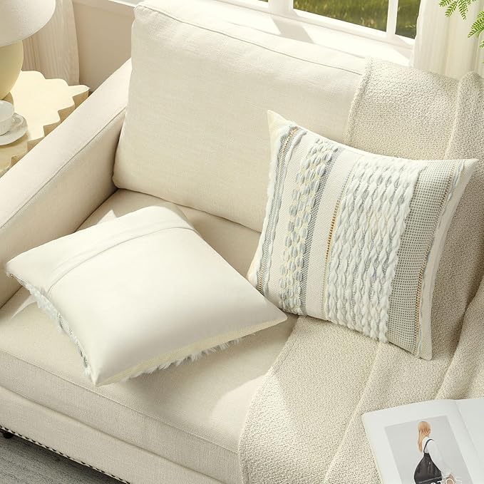 FUTEI White Grey Blue Accent Throw Pillow Covers Set of 2, 20x20 Inch Plush Tufted Striped Textured Decorative Cushion Cases for Farmhouse Boho Couch Decor