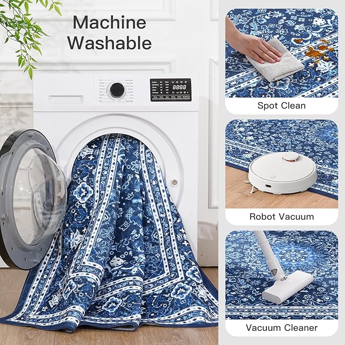 Lofus 9x12 Area Rugs for Living Room, Machine Washable Non-Slip Area Rug, Low Pile Large Rugs for Bedroom, Kitchen, Dining Room, Home Office, Vintage Oriental Print Rug, Dark Blue with White