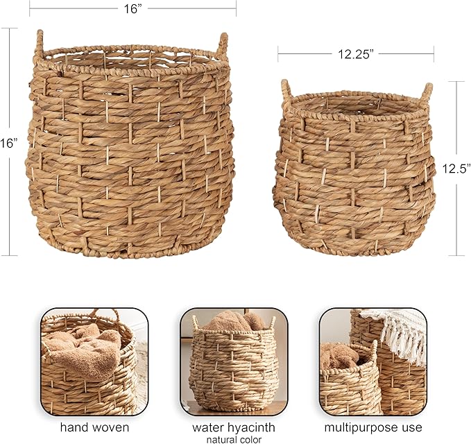 Kate and Laurel Livia Modern Two-Piece Woven Basket Set; 16 x 16 and 13 x 13; Natural Water Hyacinth; Transitional Natural Wicker Baskets for Use as Woven Planters or Living Room Blanket Baskets
