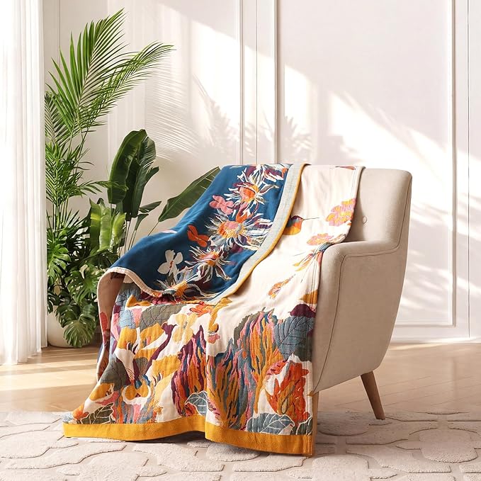 Boho Throw Blanket for Couch 100% Cotton Soft Breathable Butterfly and Floral Double Embroidery Spring Throw Blanket,50"x60" All Season Reversible Throws for Sofa Chair Bohemian Decor for Livingroom
