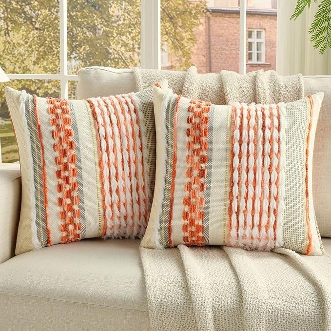 FUTEI Orange Accent Throw Pillow Covers Set of 2, 18x18 Inch Plush Tufted Striped Textured Decorative Cushion Cases for Farmhouse Boho Couch Decor