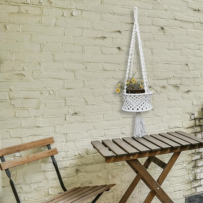 Handmade Macrame Cotton Plant Hanger, from Uttar Pradesh, India | Boho Hanging Planter | Indoor Outdoor Plant Holder | Décor Accent for Home, Balcony, Living Room | 33x8 in (Off White)