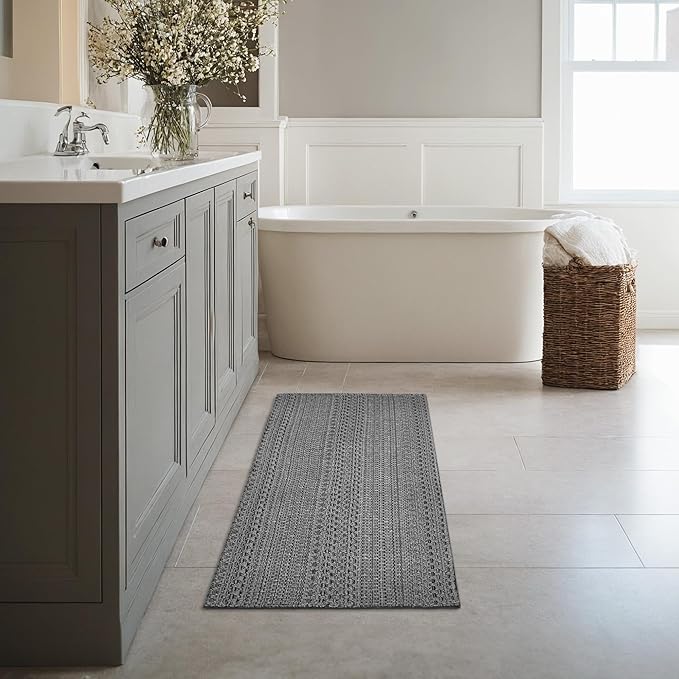 2' x 4' Entryway Rug, Boho Small Area Rug, Machine Washable, Woven Rug, Non-Slip, Vintage Design, Pet Friendly, Soft Faux Fibre, for Indoor Entryways, Bedroom, Kitchens, Front Doors Grey