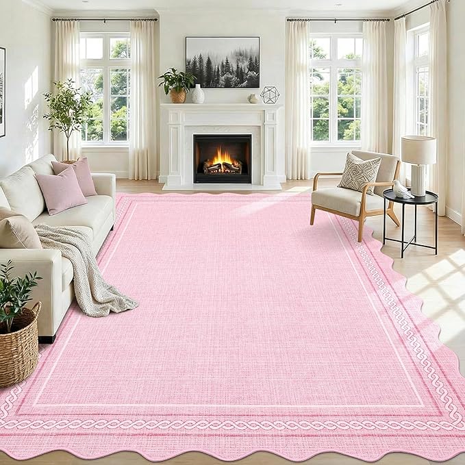 Garvee Scalloped Washable Rug 5x7 Area Rugs for Living Room Non Slip Throw Rugs Bedroom Rugs Low Pile Farmhouse Soft Non Shedding Stain Resistant Carpet for Girls Room Office Nursery 5'x7' Pink