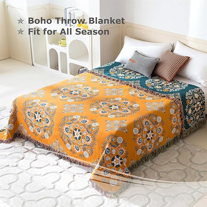 Boho Throw Blanket for Bed 100% Cotton Soft Lightweight Quilt Floral Embroidery Home Decor Spring Breathable Bed Blanket,60"x80" All Season Reversible Twin Yellow Blankets for Sofa Couch Chair