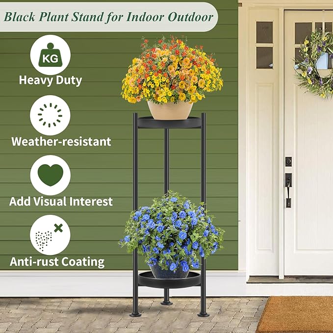 Plant Stand Indoor Outdoor, 2 Tier Iron Plant Stand, 30'' Tall Pedestal Stand Outdoor, Metal Flower Stands for Indoor Plants, Balcony, Living Room
