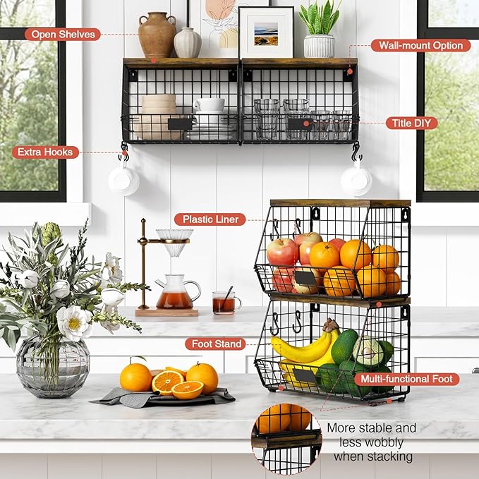 Hanging Wall Fruit Basket for Kitchen Counter 2 Pack, Stackable Wire Baskets for Organizing with Wood Lid, Potato and Onion Storage Bin with Banana Hook for Vegetable Produce, Black + Rustic