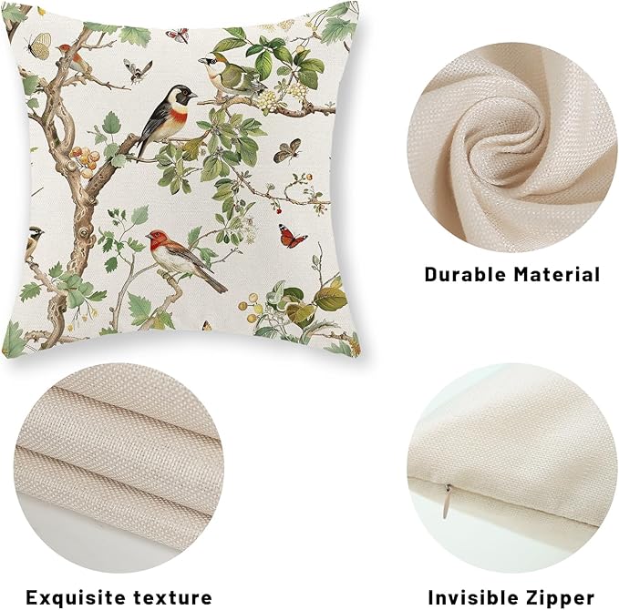 Chinoiserie Pillow Covers 18x18 Inch Set of 2 Green Floral Bird Throw Pillows Vintage Flower Decorations Pillow Cases Outdoor Chinoiserie Decor Farmhouse Linen Cushion Cover for Couch Home