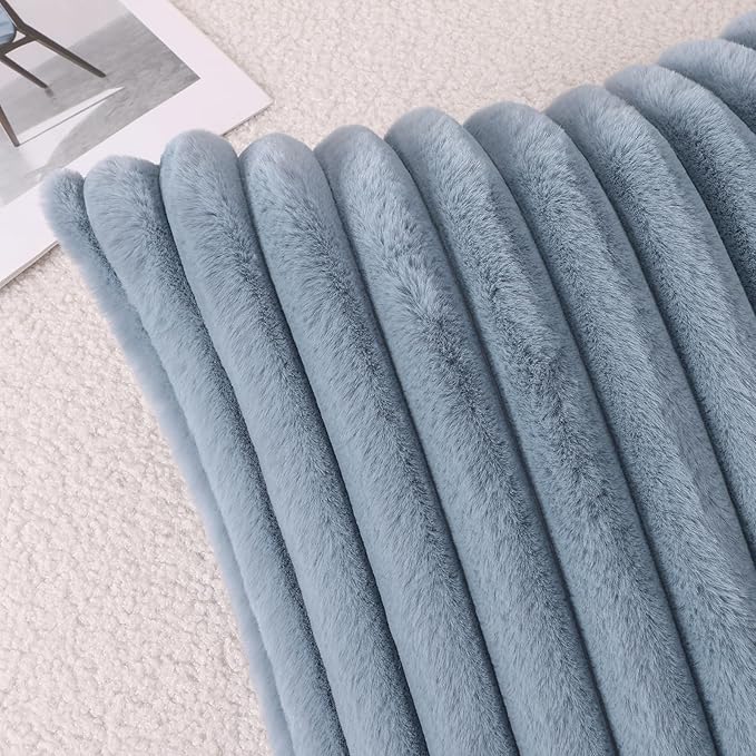 Pallene Faux Fur Plush Throw Pillow Covers 26x26 Set of 2, Luxury Soft Fluffy Striped Decorative Pillow Covers for Sofa, Couch, Living Room, Blue Grey