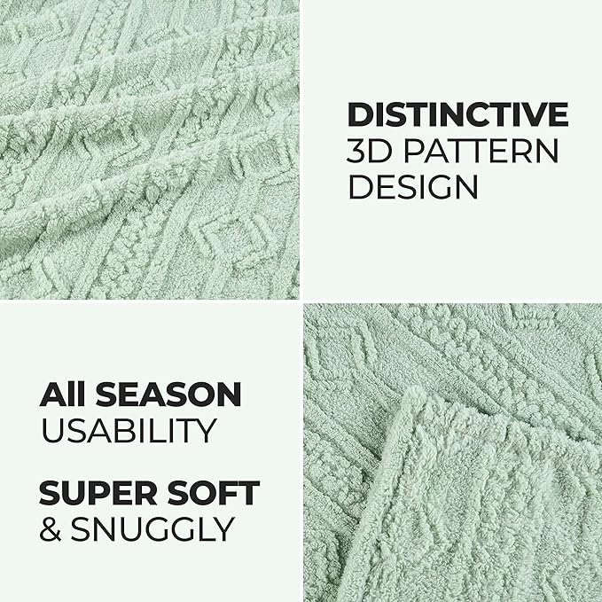 Superior Fleece Boho Jacquard Blanket, Decorative Blankets for Bedroom, Sofa, Fuzzy, Plush, Fluffy, Soft, Cute Room Decor, Beautiful Cover, Comfort Essentials, Arctic Collection, Full/Queen, Sea Foam