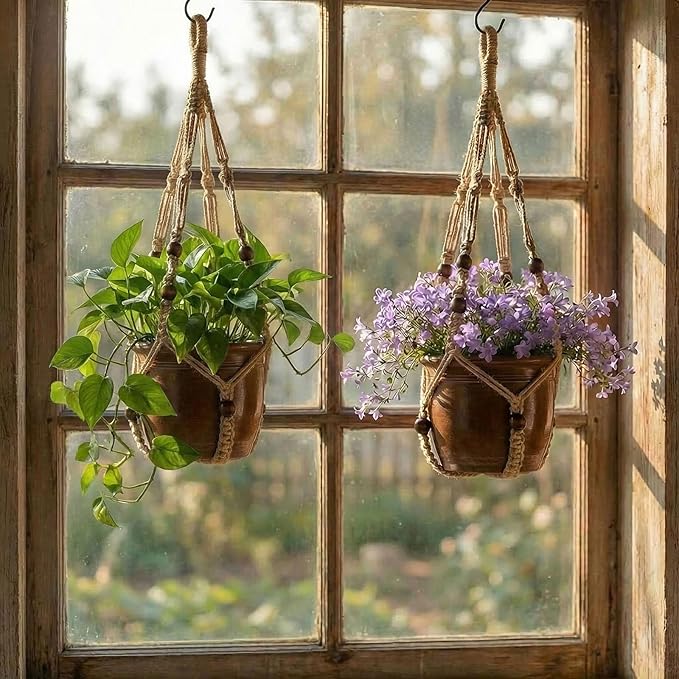 Macrame Plant Hanger 23", Set of 2 No Tassel Hanging Plant Holder Indoor, Sturdy Flower Pot Holder with Hooks - Brown (Pot NOT Included)