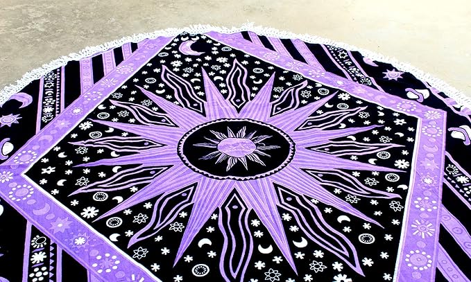 Round Beach Tapestry Turquoise Mandala Throw/Boho Hippie Beach Blanket Roundie/Indian Cotton Bohemian Large Round Table Cloth-Home Decor/Yoga Mat Meditation Picnic Rug (42", Purple)