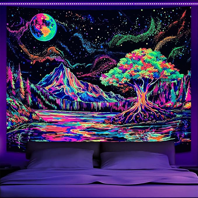 Zussun Blacklight Mountain Forest Tapestry Hippie Tree of Life Tapestries for Bedroom Aesthetic Glow in The Dark Moon and Stars Tapestry Wall Hanging for Living Room Dorm 80 × 60 Inch