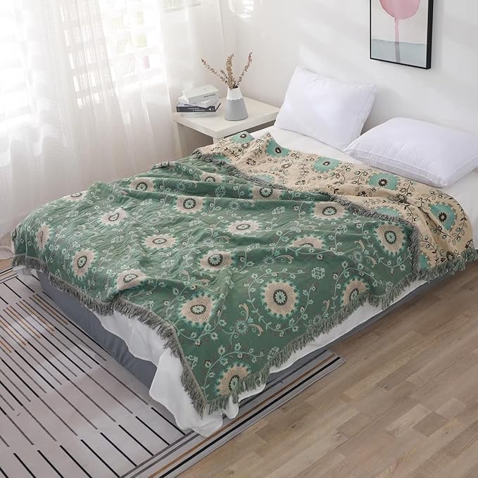 Boho Throw Blanket for Bed 100% Cotton Ultra Soft Rustic Quilt Spring Blanket Floral Printed Farmhouse Decor Bed Blankets,90"x98" All Season Rustic Throw for Sofa Couch Chair