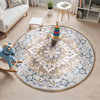 Lessymo 4FT Washable Round Area Rugs for Living Room, Non Slip Circle Rugs Low Pile Vintage Carpet for Bedroom, Dining Room, Nursery, Home Office, Brown Beige