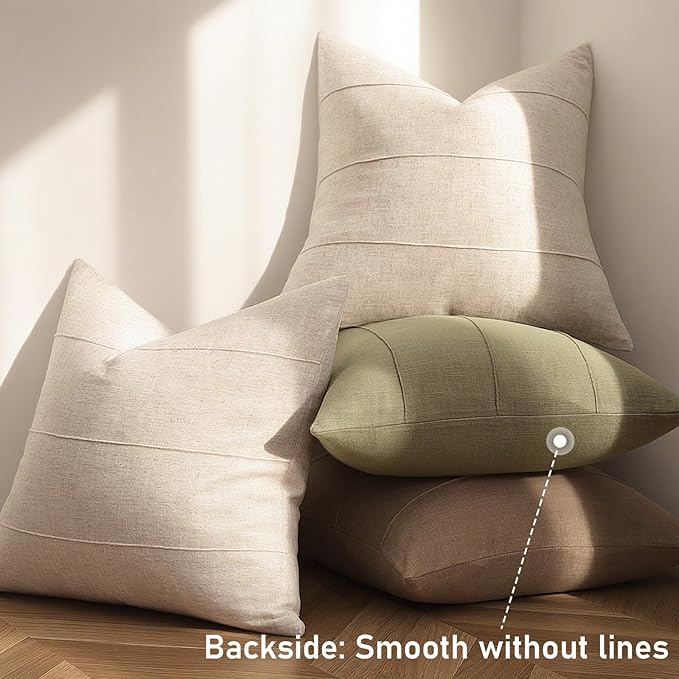Decorative Linen Throw Pillow Covers 26x26 Set of 2 Solid handcrafted Striped Cushion Covers for Bed Soft Modern Farmhouse Neutral Pillowcase for Couch Bedroom Living Room Home Decor(Natural Beige)