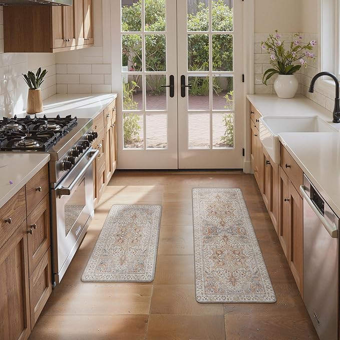 GENIMO Kitchen Mats for Floor, 2PCS Kitchen Rugs Non Slip Washable, Waterproof Anti Fatigue Mat, Comfort Standing Runner Rug for Sink, Office, Laundry, Home, 17.3"x47"+17.3"x30", Orange&Brown