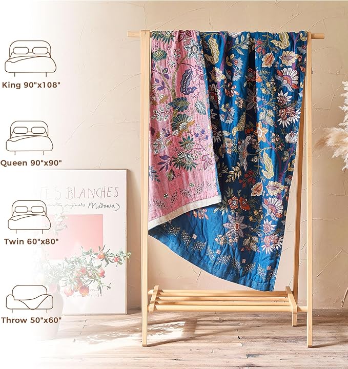 Boho Throw Blanket for Couch Sofa Chair Cotton Spring Blankets for Bedroom Living Room All Season Lightweight Reversible Floral Embroidery Throws 50"x60"
