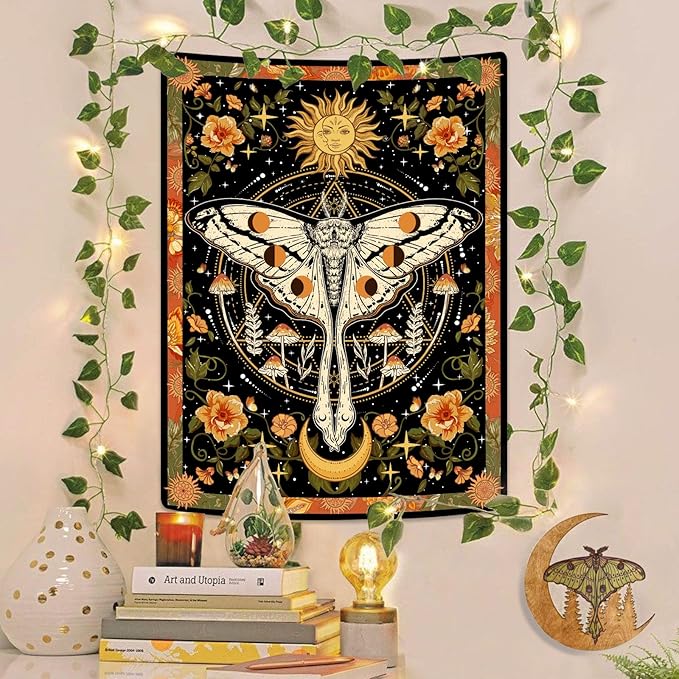 Aipon Orange Moth Tapestry Boho Retro Floral Flowers Tapestries Aesthetic Vintage Mushroom Tapestries for Bedroom Indie Small Tapestry Wall Hanging for Living Room Dorm (30'' × 40'', Orange)