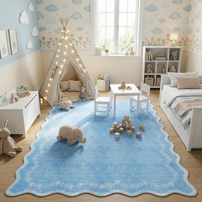 GarveeHome 6x9 Scalloped Area Rug Blue Washable Rugs for Living Room Bedroom, Soft Low Pile Non Slip Accent Floor Mat Solid Floral Print Throw Rug Farmhouse Indoor Carpet for Dorm Playroom