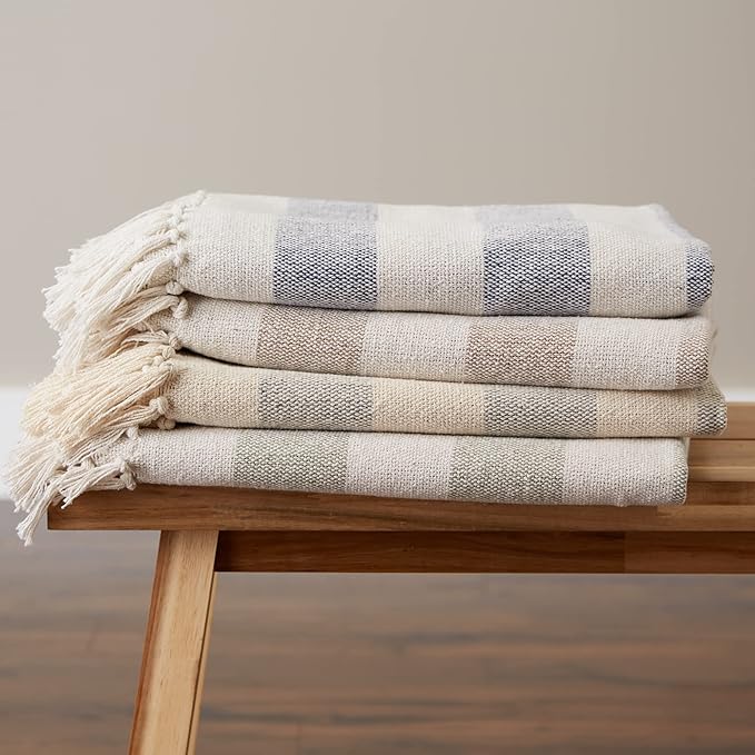 DII Rustic Farmhouse Cotton Cabana Striped Blanket Throw with Fringe, 50 x 60 - Cabana Striped Off-White with French Blue