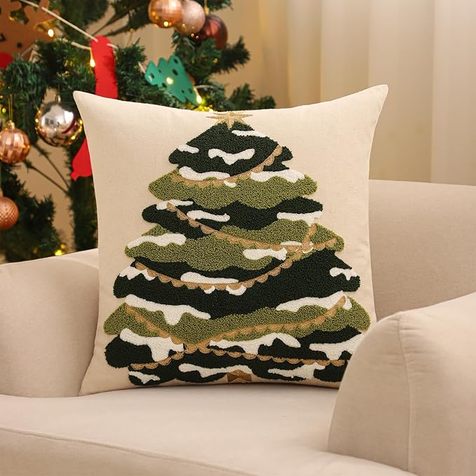 Tosleo Christmas Tufted Pillow Covers 18 x 18 inch Set of 2 Green Xmas Tree with Gold Star Throw Pillow Cover Party Decor Winter Holiday Embroidery Cushion Case for Sofa Couch Bed Living Room