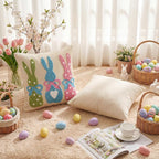 AVOIN colorlife Easter Polka Dot Heart Colorful Bunny Embroidered Throw Pillow Covers, 18 x 18 Inch Bow Rabbits Tufted Patterned Linen Decoration Cushion Case for Sofa Set of 2
