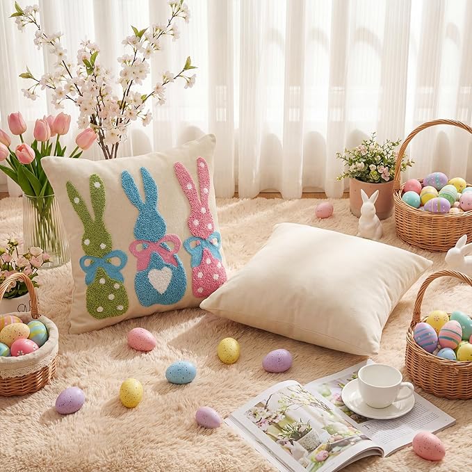 AVOIN colorlife Easter Polka Dot Heart Colorful Bunny Embroidered Throw Pillow Cover, 18 x 18 Inch Bow Rabbits Tufted Patterned Linen Decoration Cushion Case for Sofa