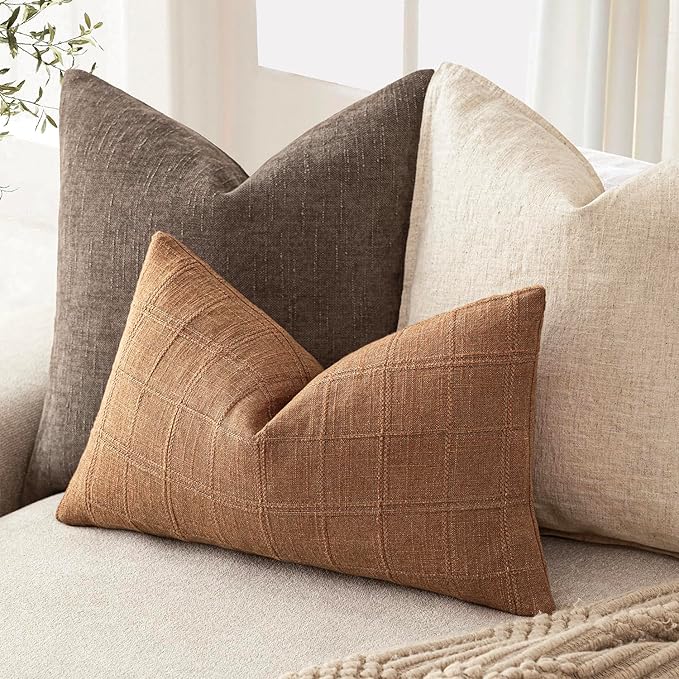Foindtower Set of 2 Decorative Linen Check Throw Pillow Covers Neutral Farmhouse Lumbar Cushion Covers Modern Boho Home Decor for Sofa Chair Couch Bedroom Living Room,12×20 Inch,Brick