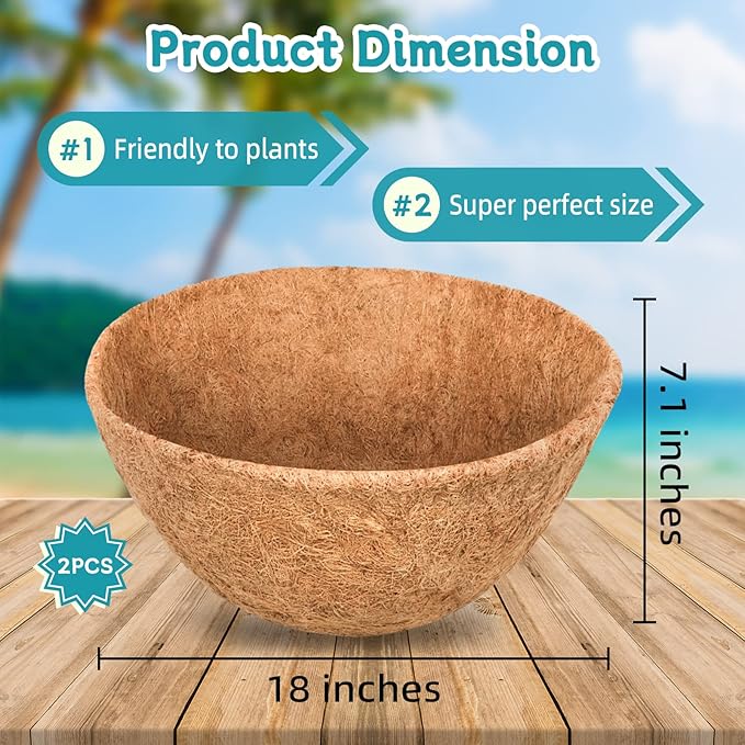 Riare 2 Pack 18 Inch Round Coco Liners Replacement, 100% Natural Coconut Coir Liners for Hanging Baskets, Garden Flower Vegetables Planter Pot, Window Box, Fence, Decks