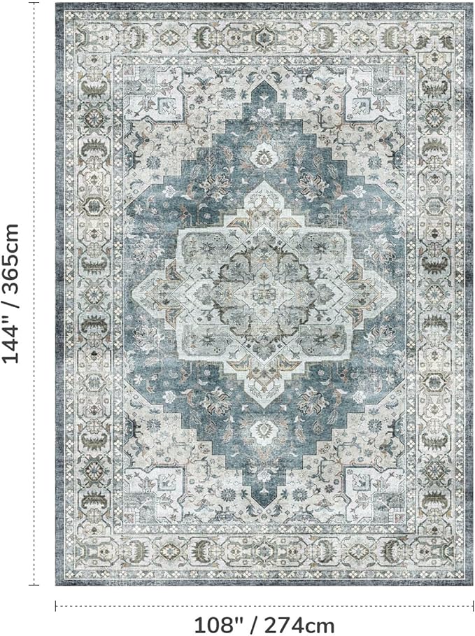 Lessymo Large Area Rugs 9x12 for Living Room, Soft Washable Rug for Bedroom Dining Room Nursery Room Farmhouse, Boho Non Slip Low Plie Carpet Vintage Floral Design, Blue Grey/Beige