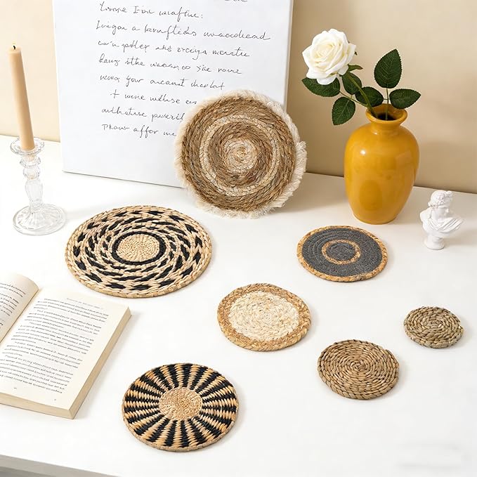 7 PCS Boho Wall Basket Decor, Handwoven Seagrass wall Hanging Baskets – Round Bohemian Wall basket for Farmhouse, Home, Room, Rustic Decor, Table Centerpiece (Black)