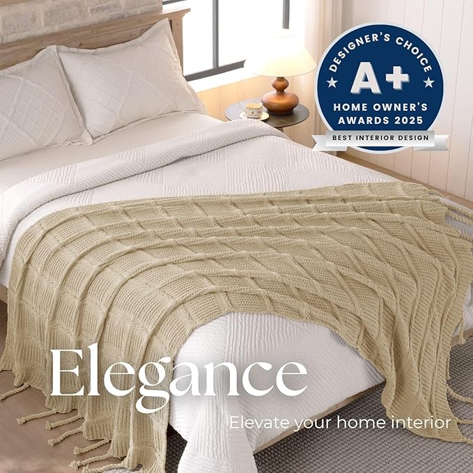 Boho Knitted Chenille Blanket with Tassels - Lightweight & Soft All-Season Throw - 3D Classic Pattern for Living Room Bedroom Couch, Sandy Beige, Queen 90"x90"